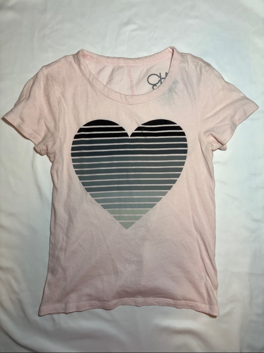 Chaser Baby Pink Graphic Tee Ombré Grayscale Stripe Heart 100% Cotton T-Shirt XS